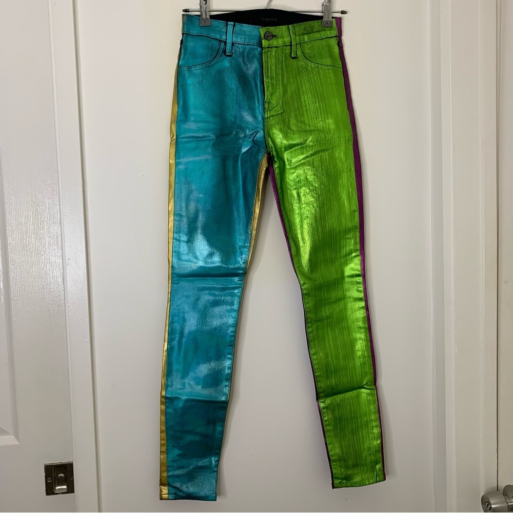Rare J BRAND Metallic Foil Colorblock Aqua/Lime/Purple/Gold Skinny Jeans size 26